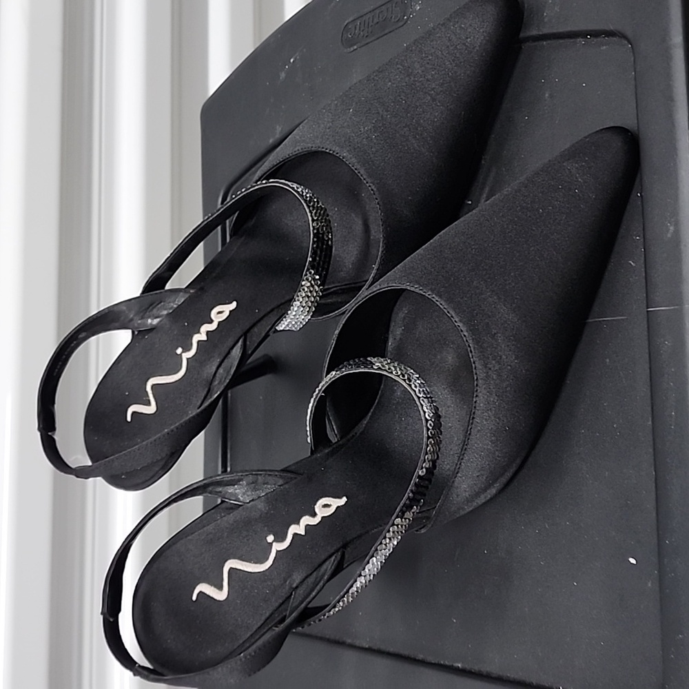 Nina satin blavk luster, silver black rhinestone strap sling heel